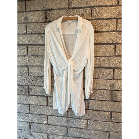 Tie-Front White Textured Dotted Button-Down Blouse By Surf Gypsy Lightweight & S - Picture 1 of 11